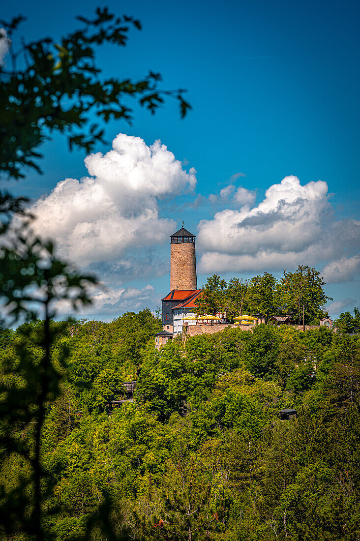  View of the Fuchsturm on the local mountain in Jena in summer with blue sky and white cumulus clouds, Jena, Thuringia, Germany 