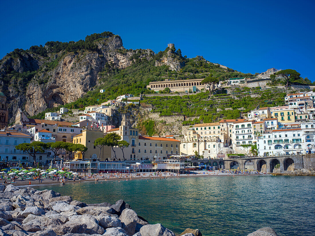  On the beach in Amalfi, Amalfi, Amalfi Coast, Salerno, Campania, Southern Italy, Italy, Europe, Mediterranean 