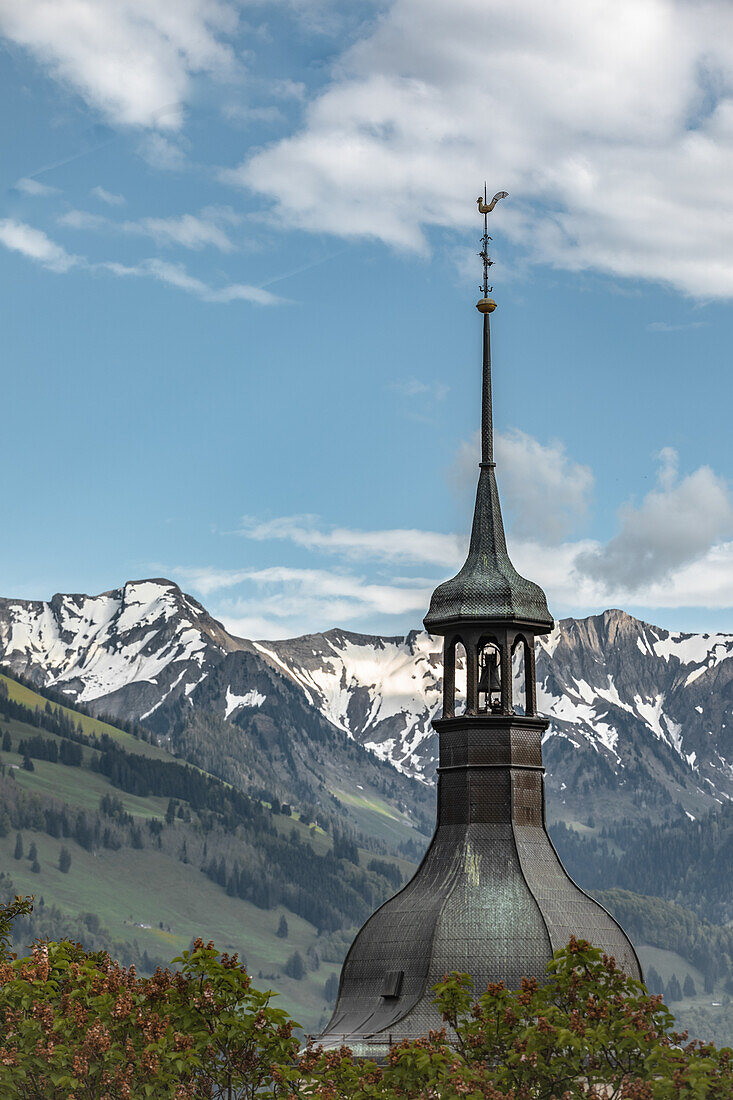  View of the Swiss Alps from the small village of Gruyeres in the canton of Fribourg, Switzerland 