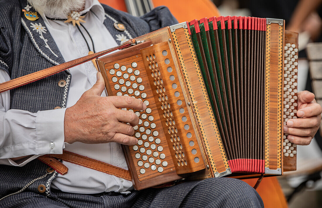  Musician playing harmonica in Gruyeres, Switzerland 