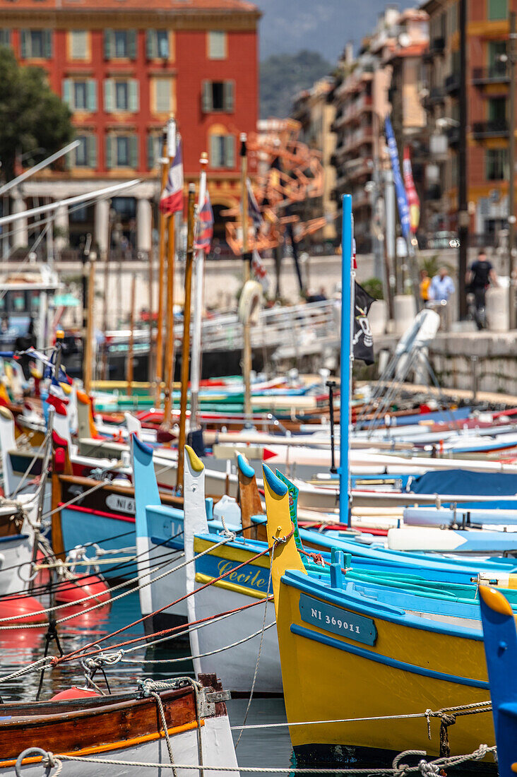  Colorful boats in the harbor of Nice, Port Lympia, in France 