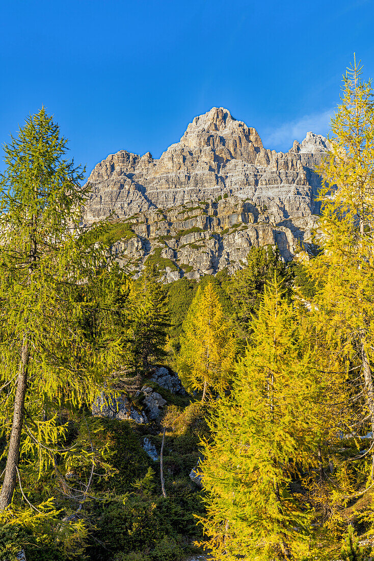 Sonniger Spätnachmittag unterhalb der Drei Zinnen, Auronzo, Dolomiten, Italien, Europa