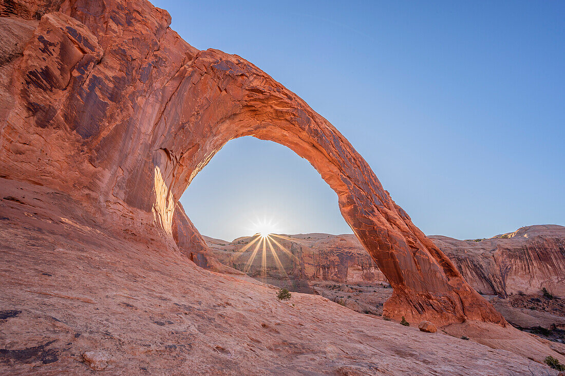 Felsenbogen Corona Arch bei Sonnenaufgang, Arches National Park, Canyonlands, Moab, Utah, USA, Vereinigte Staaten