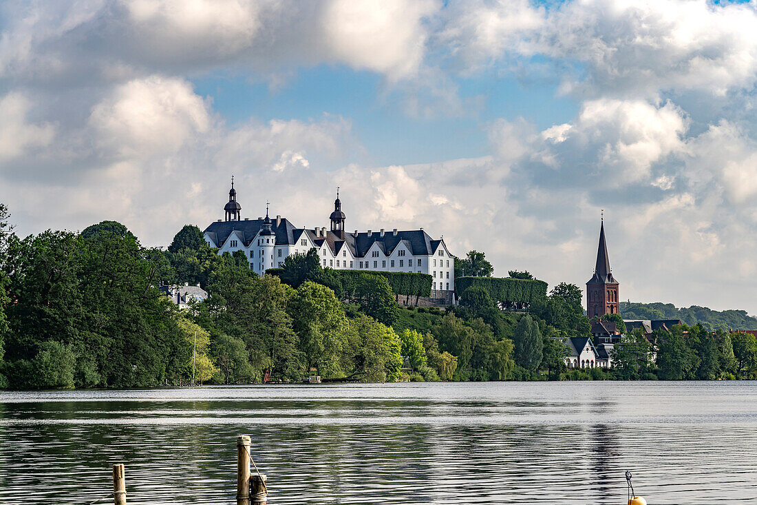  The Great Plön Lake, St. Nicholas Church and Plön Castle in Plön, Schleswig-Holstein, Germany  