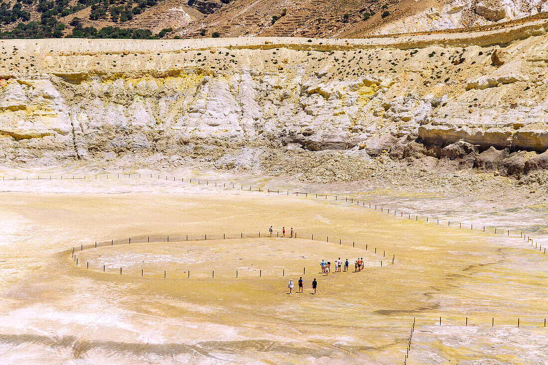  Tourists visiting the caldera in the Stéfanos crater on the island of Nissyros (Nisyros, Nissiros, Nisiros) in Greece 