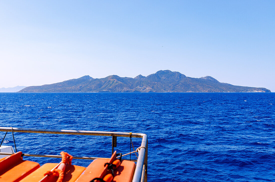  View of the island of Nissyros (Nisyros, Nissiros, Nisiros) during the ferry crossing from the island of Kos in Greece  