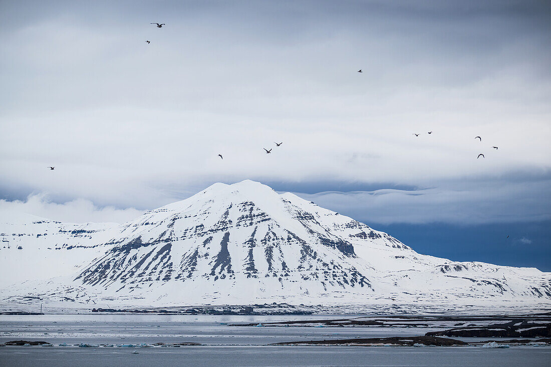 Schneebedeckte Landschaft im Kongsfjord, Spitzbergen, Svalbard, Norwegen, Arktis