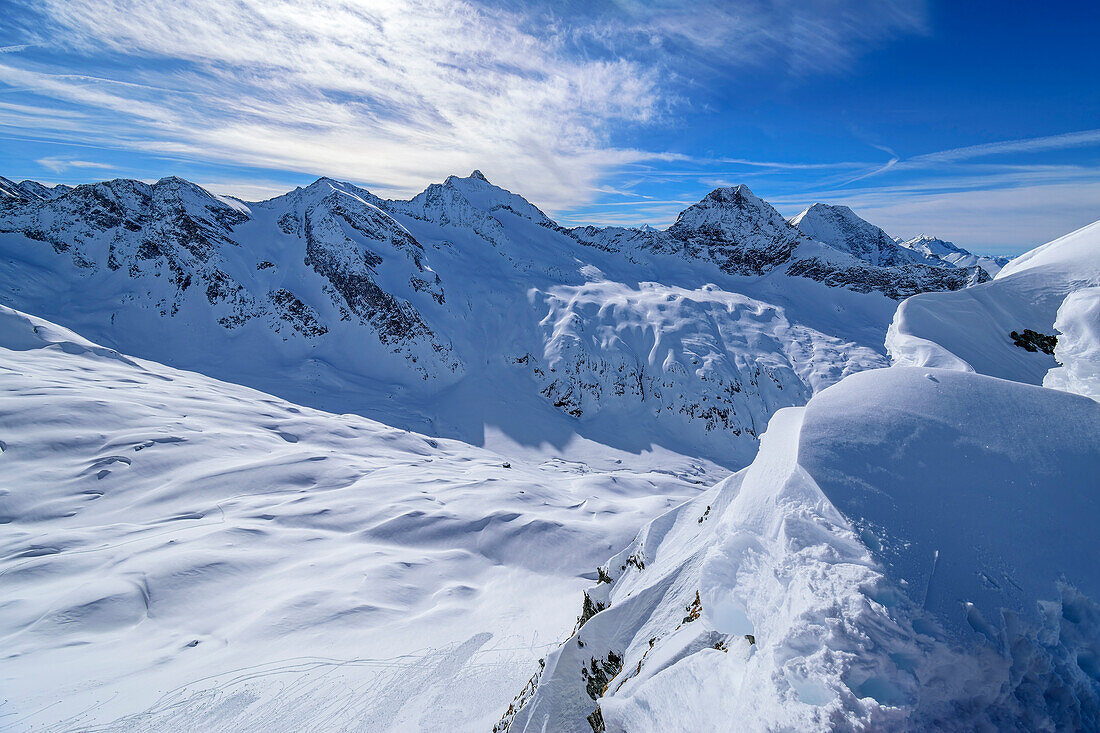 Blick von der Sattelspitze auf Löffelspitze, Merbspitze und Lenkspitze, Sattelspitze, Ahrntal, Naturpark Rieserferner-Ahrn, Zillertaler Alpen, Südtirol, Italien