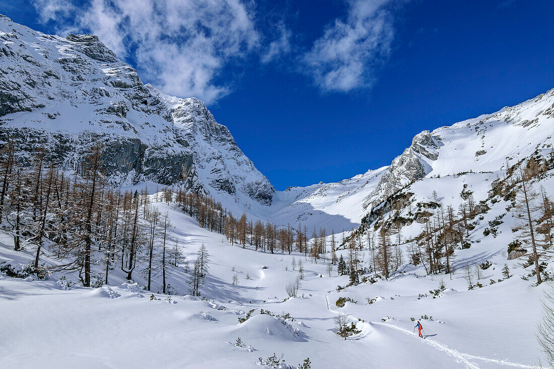  Woman on ski tour ascends through Kirtagskar to Arzlochscharte, Arzlochscharte, Totes Gebirge, Upper Austria, Austria 