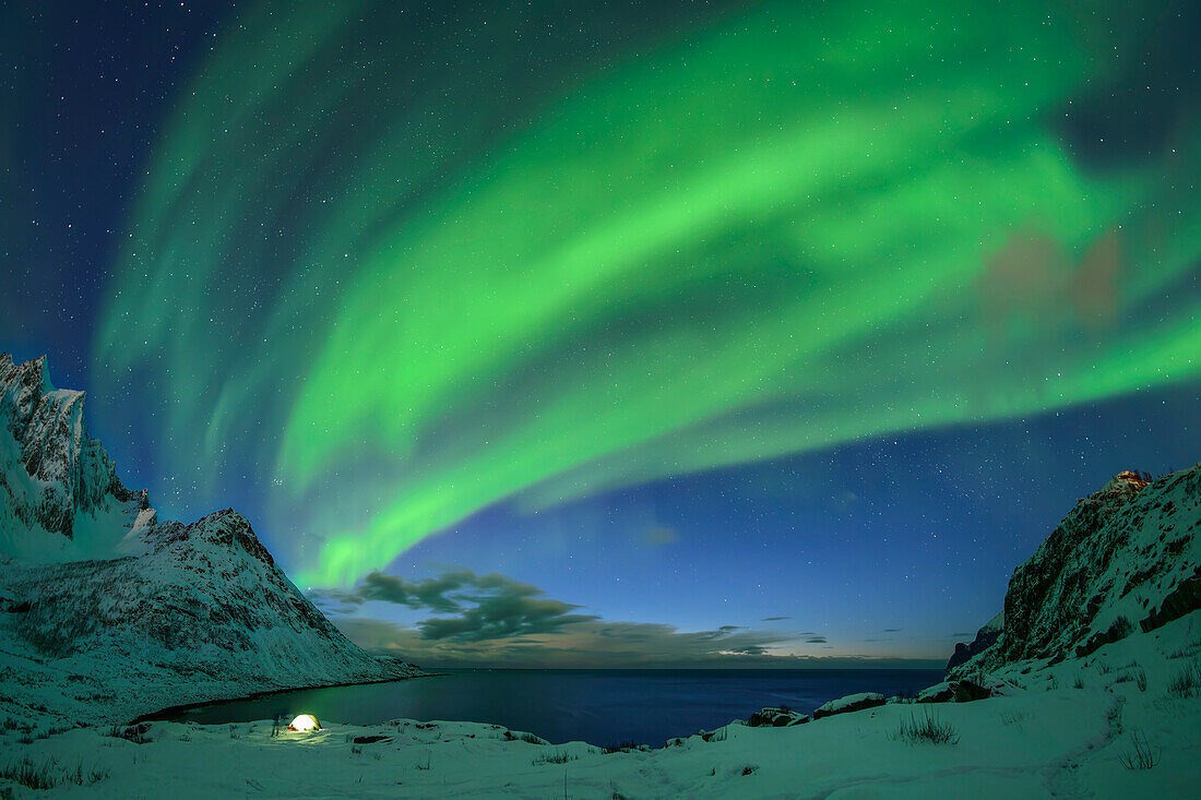  Northern lights over Mefjord with illuminated tent in the foreground, Mefjordvaer, Senja, Troms, Norway 