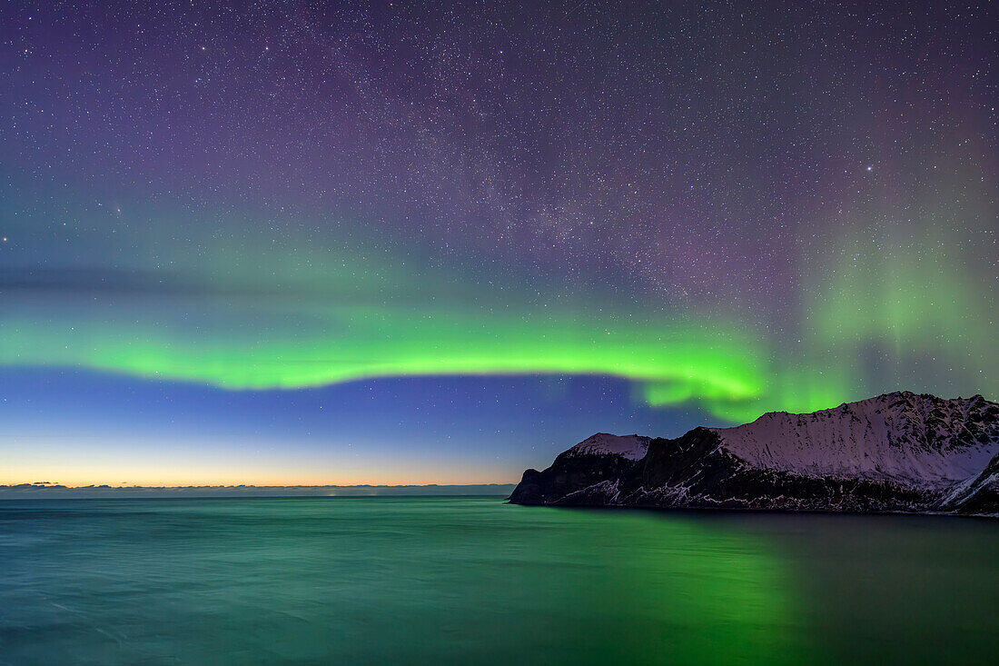  Northern lights over Mefjord, Mefjord, Senja, Troms, Norway 