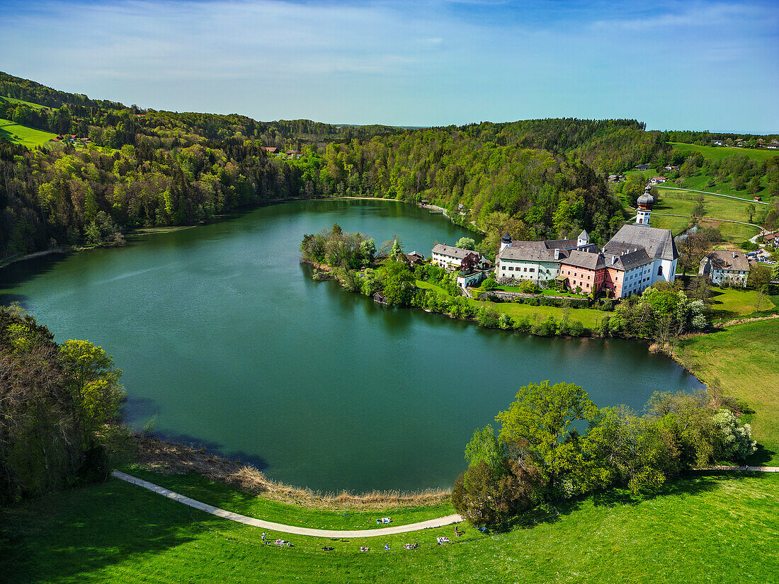  Deep view of Höglwörth Monastery and Höglwörther Lake, Lake Constance-Königssee Cycle Route, Upper Bavaria, Bavaria, Germany 