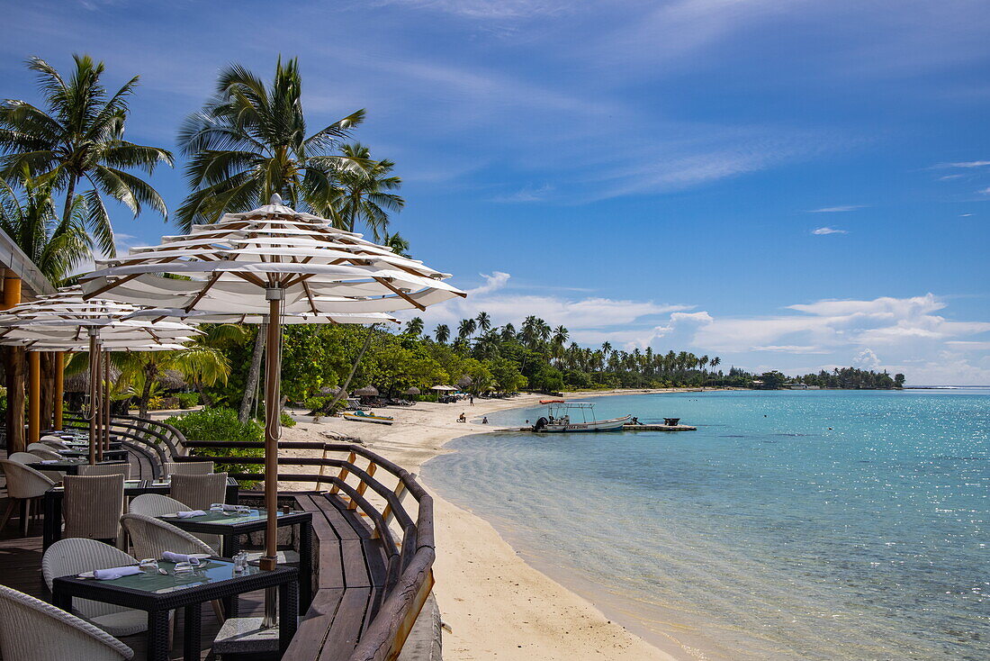  Terrace of the restaurant of the Sofitel Ia Ora Beach Resort and beach, Moorea, Windward Islands, French Polynesia, South Pacific 