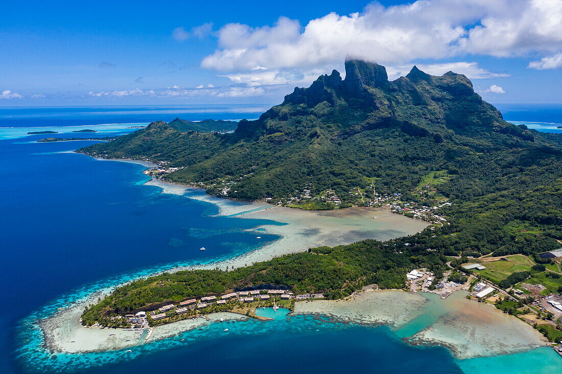  Aerial view of Bora Bora Lagoon and Mount Otemanu, Bora Bora, Leeward Islands, French Polynesia, South Pacific 