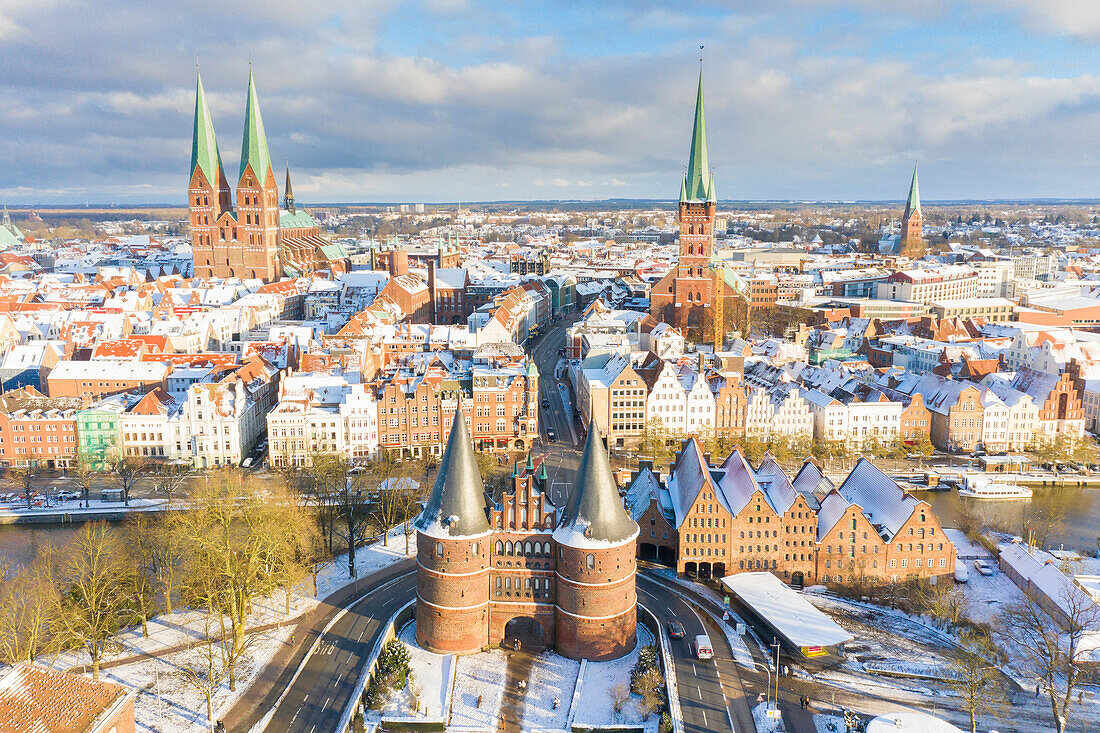  View of the Holstentor and churches of Luebeck, Hanseatic City of Luebeck, Schleswig-Holstein, Germany 