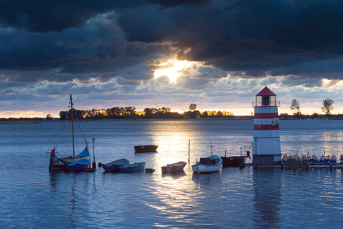  Evening atmosphere at the harbor of the island of Ummanz, island of Ruegen, Mecklenburg-Western Pomerania, Germany 