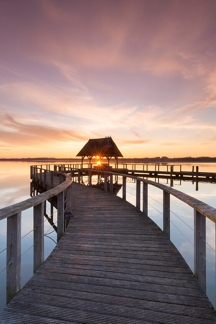  Pier at Hemmelsdorfer See at sunrise, spring, Schleswig-Holstein, Germany 