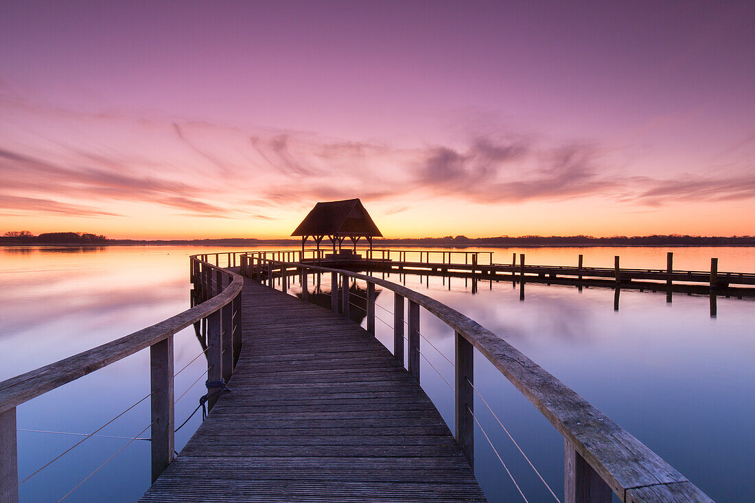  Pier at Hemmelsdorfer See at sunrise, spring, Schleswig-Holstein, Germany 