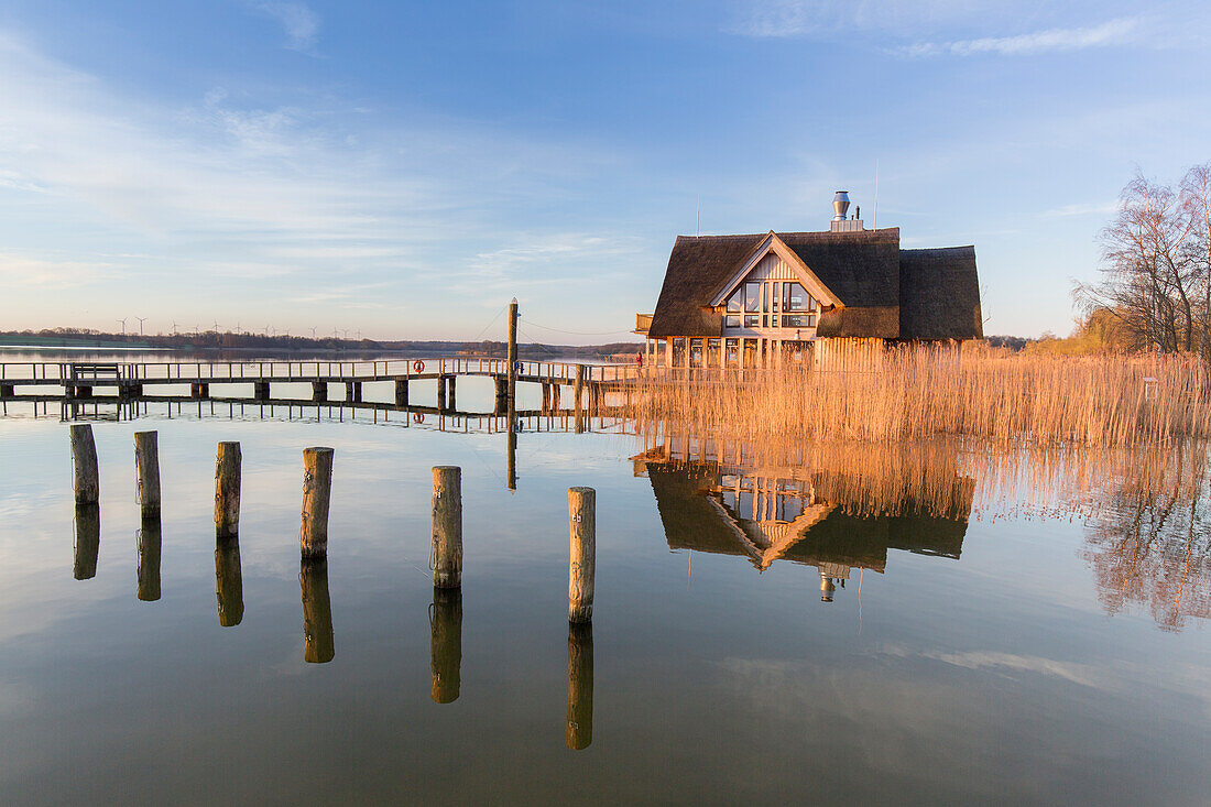  Fisherman&#39;s house at Hemmelsdorfer See at sunrise, spring, Schleswig-Holstein, Germany 