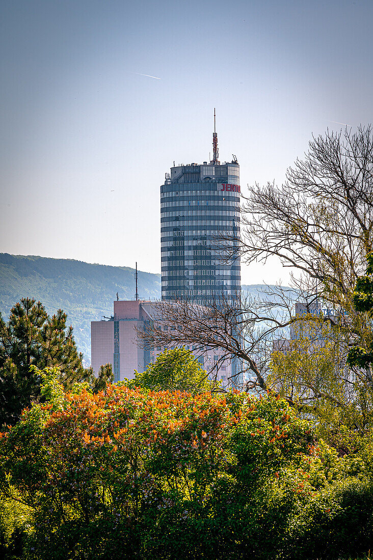  View towards Jentower from Friedensberg in sunshine, Jena, Thuringia, Germany 