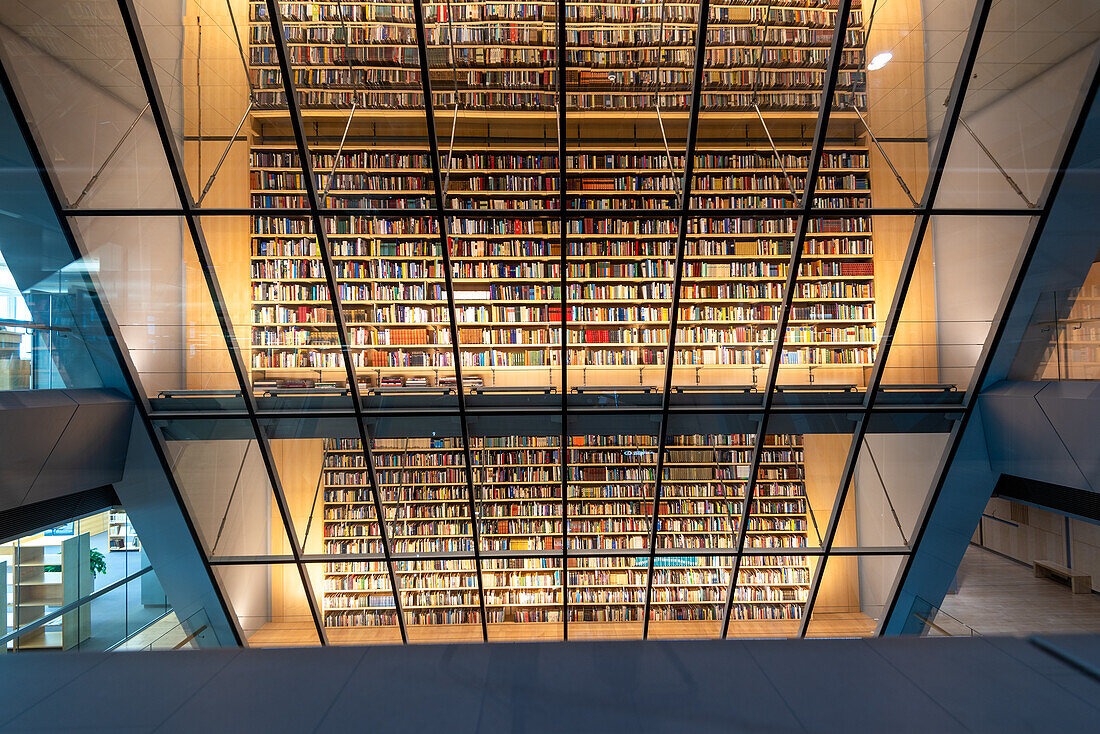 Bücher in der lettischen Nationalbibliothek, auch Schloss des Lichts genannt, entworfen vom lettischstämmigen US-Architekten Gunars Birkerts, Riga, Lettland