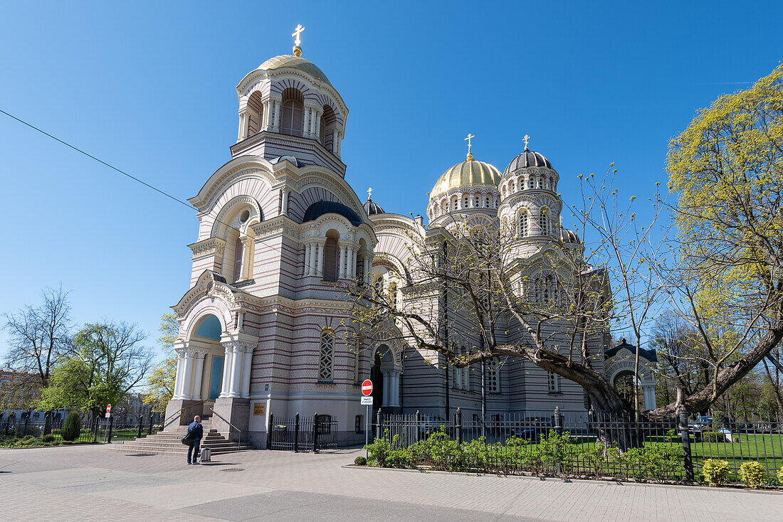  Nativity of Christ Cathedral with golden domes, largest Russian Orthodox church in the Baltics, Riga, Latvia 