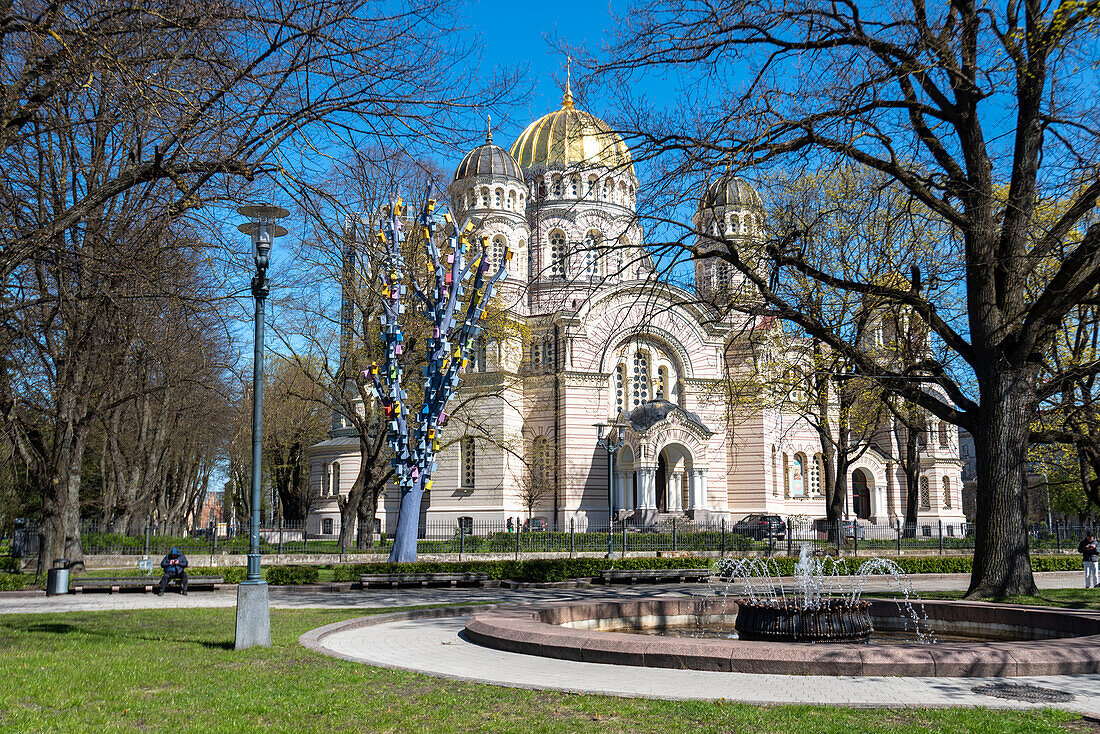  Nativity of Christ Cathedral with golden domes, largest Russian Orthodox church in the Baltics, Riga, Latvia 