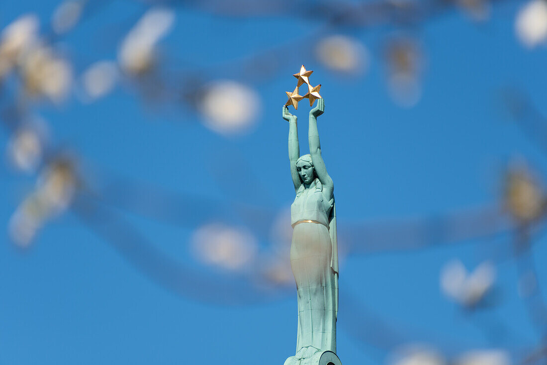  Freedom Monument, showing Milda holding three golden stars, Riga, Latvia 