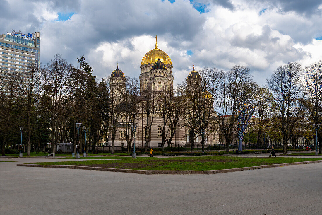  Nativity of Christ Cathedral with golden domes, largest Russian Orthodox church in the Baltics, Riga, Latvia 