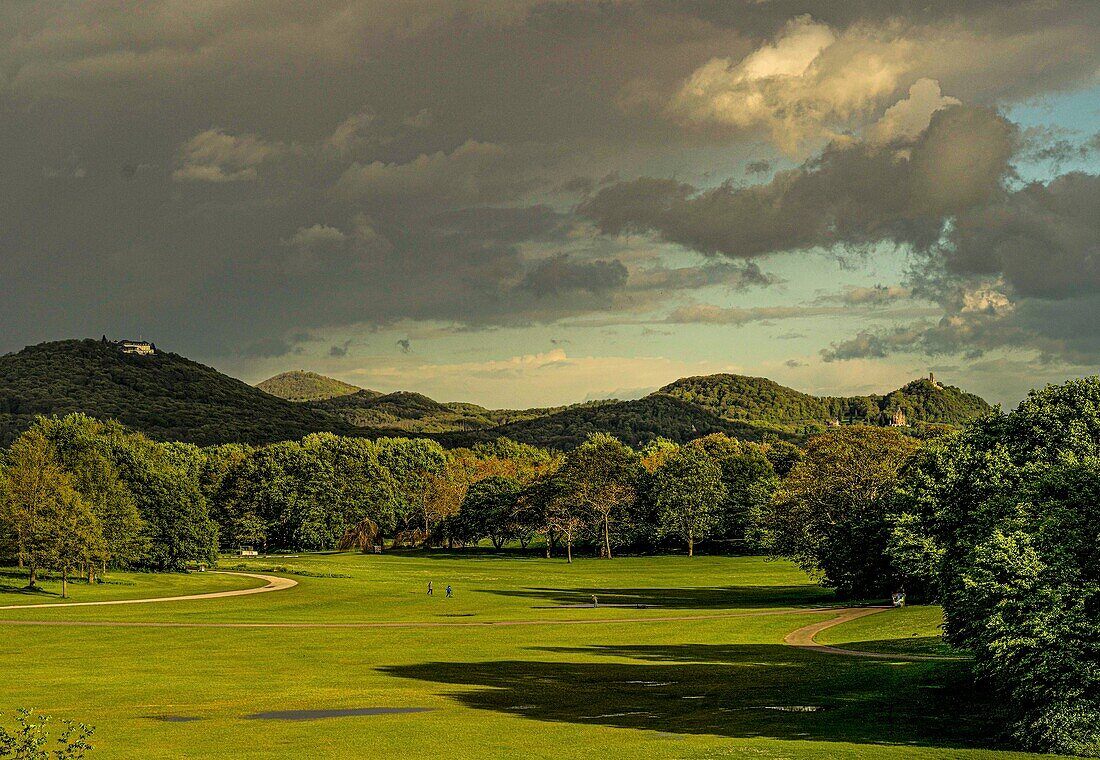  Rheinauenpark in the evening light, view of the Siebengebirge with Petersberg, Drachenburg Castle and Drachenfels, Bonn, NRW, Germany 