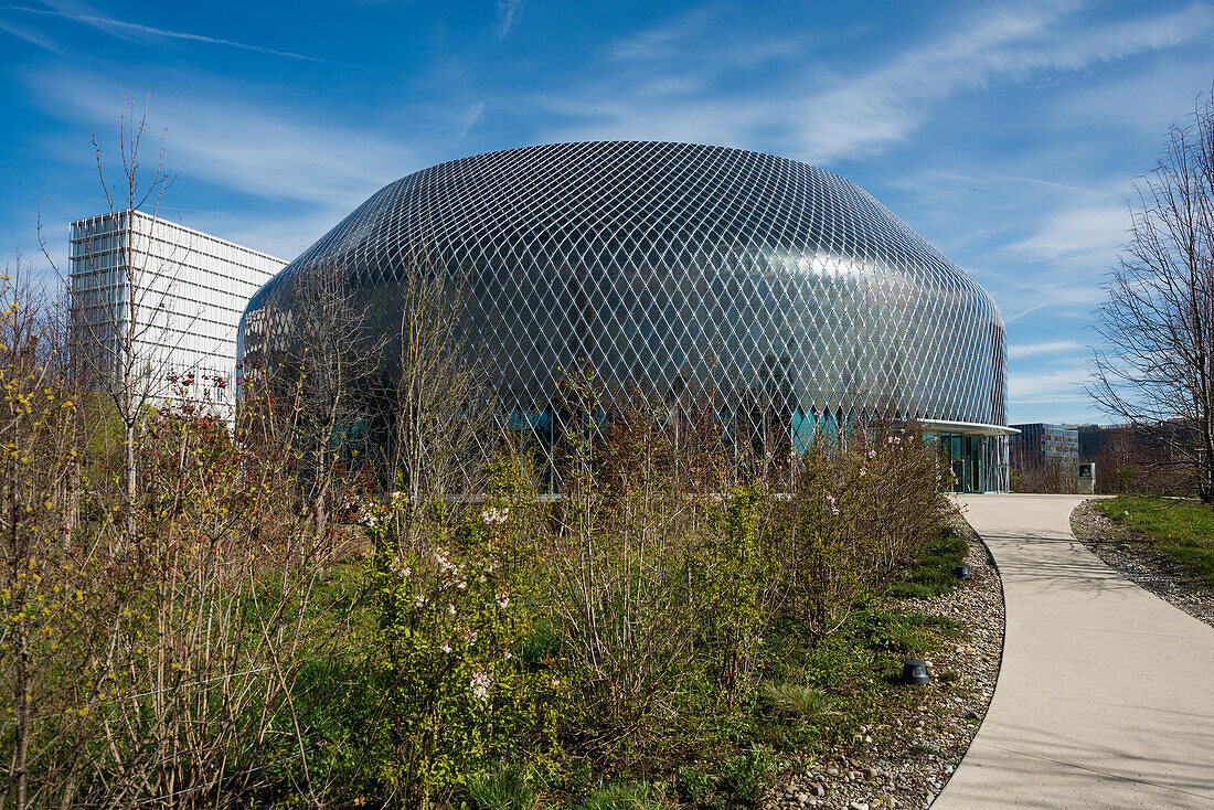 Novartis Pavillon, Architekturbüro AMDL CIRCLE und Architekt Michele De Lucchi, Novartis-Campus, Holzkonstruktion, Fassade mit Photovoltaik, Basel, Kanton Basel-Stadt, Schweiz