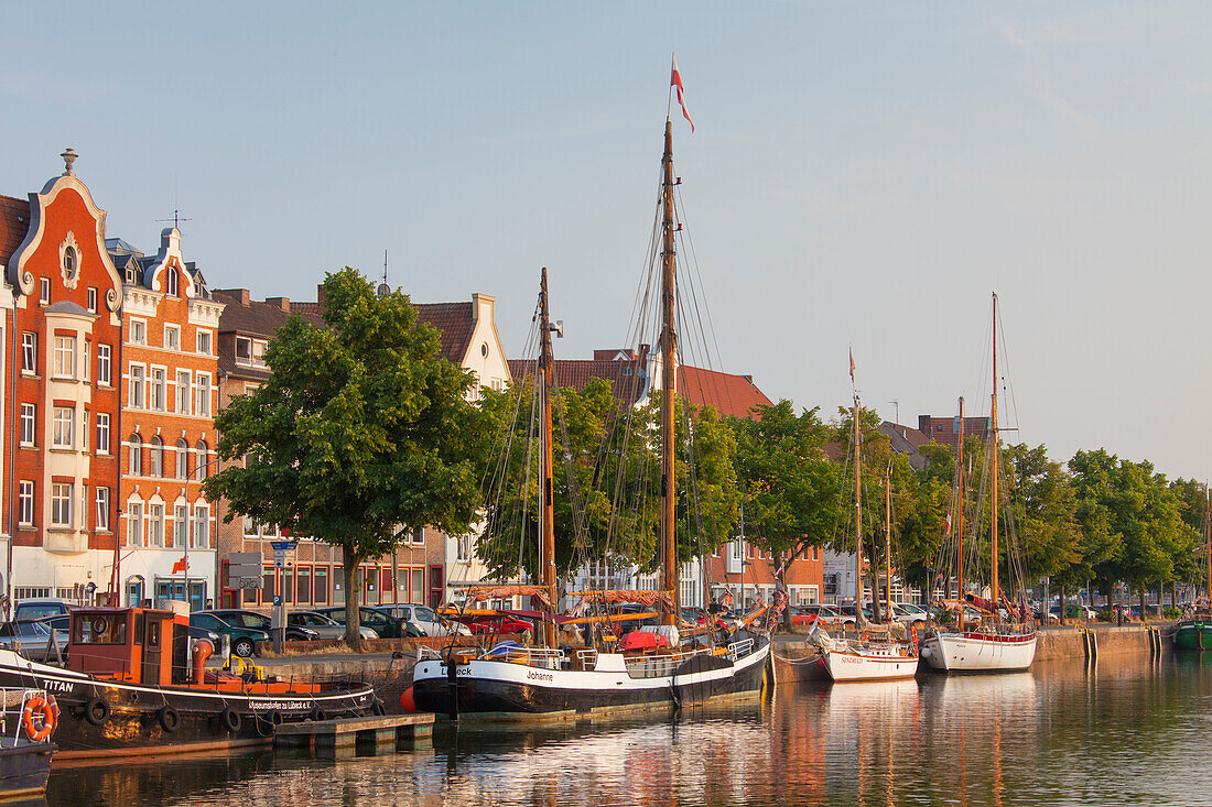  Museum harbor, sailing ship, Untertrave, Hanseatic City of Luebeck, Schleswig-Holstein, Germany 