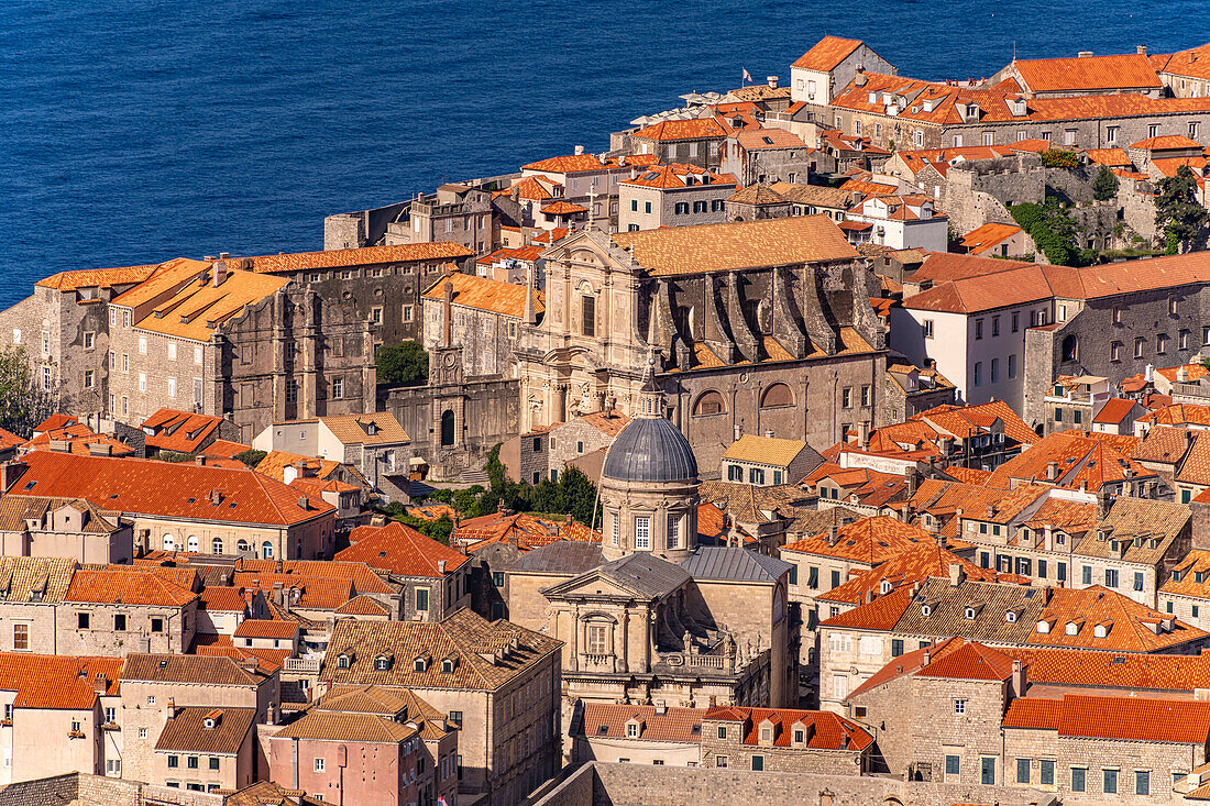  Old town with Cathedral and Church of Saint Ignatius seen from above, Dubrovnik, Croatia, Europe  