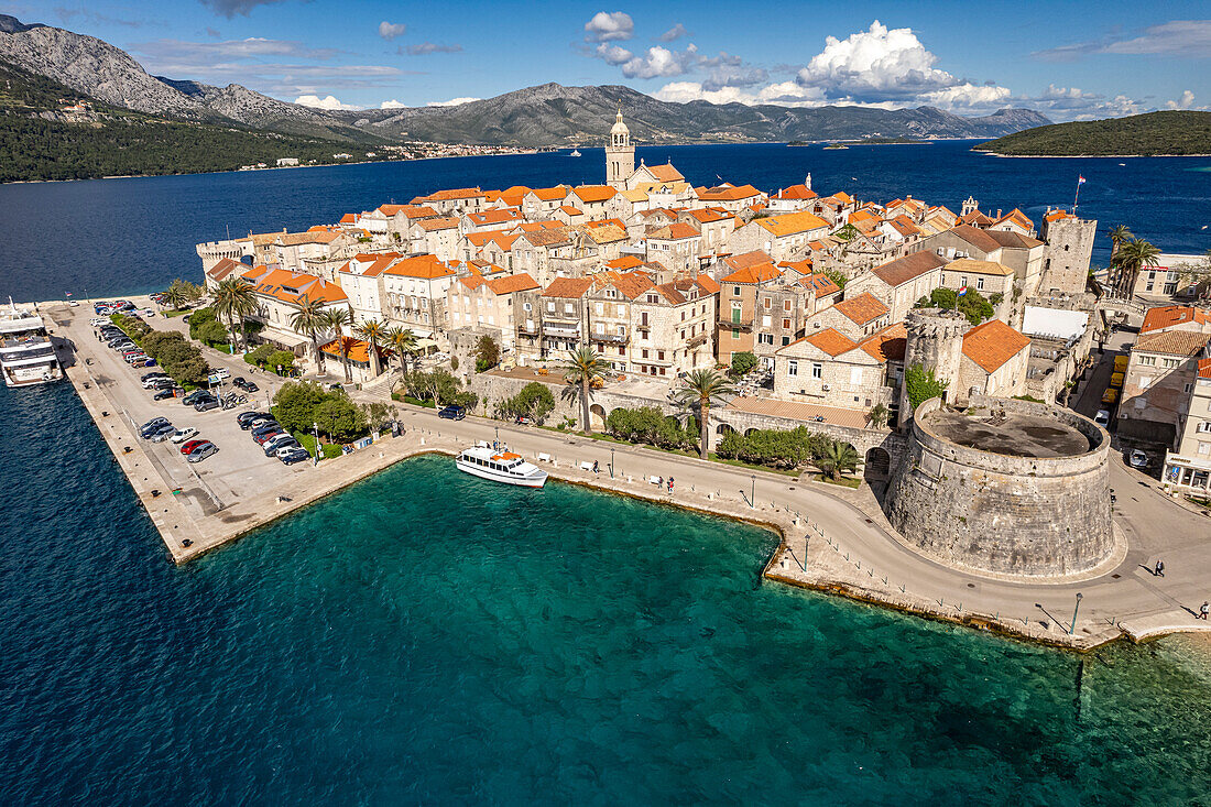  The old town of Korcula town seen from the air, Croatia, Europe  