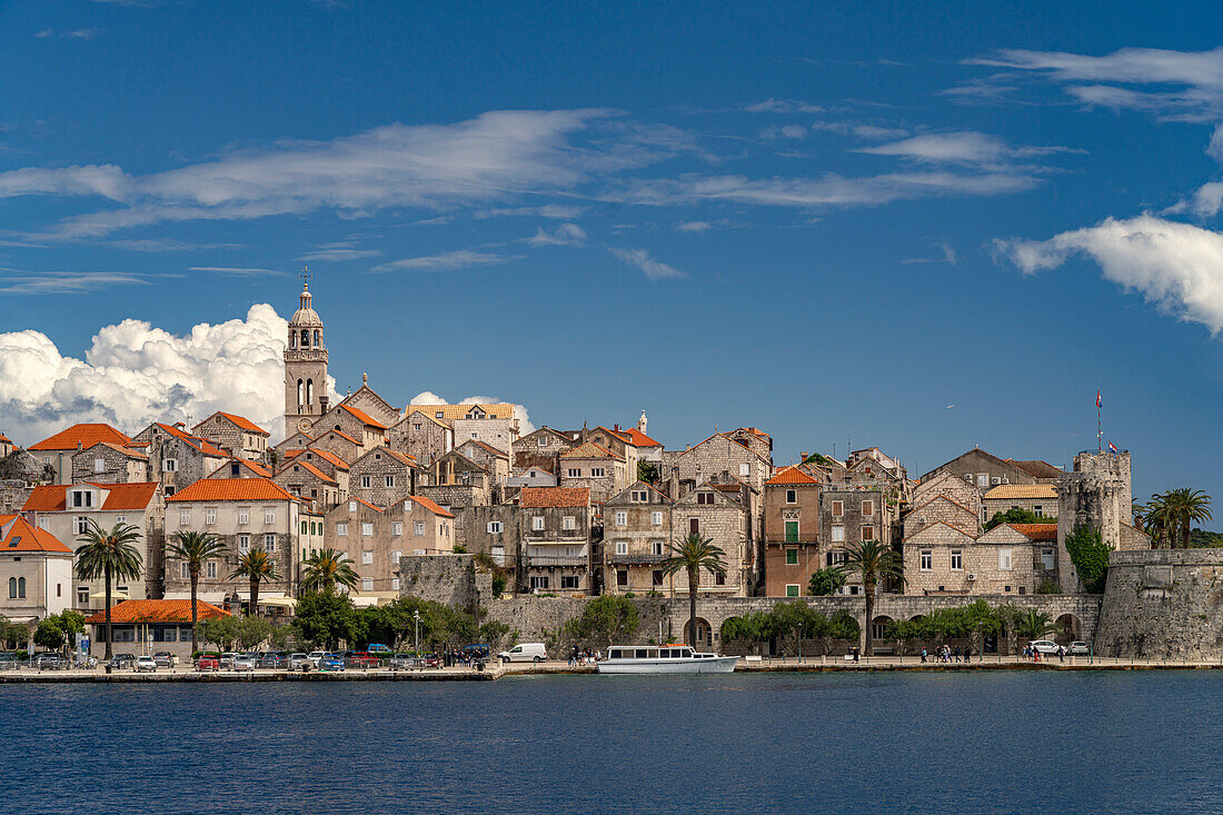  The old town of Korcula town with city walls and cathedral, Croatia, Europe  