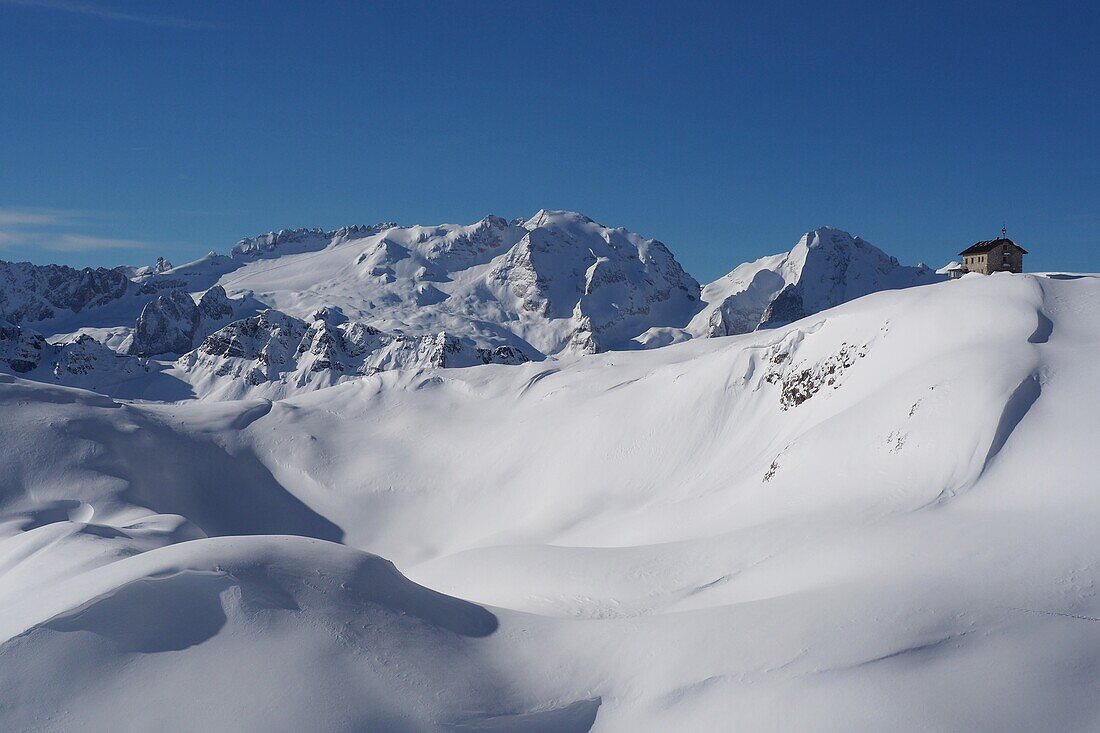  View from the north to the Marmolada, Dolomites Veneto, Italy, winter 