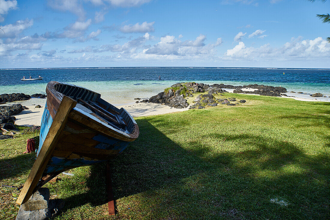  Africa, Mauritius Island, Indian Ocean, East Coast, Beach, Fishing Boat on Land 