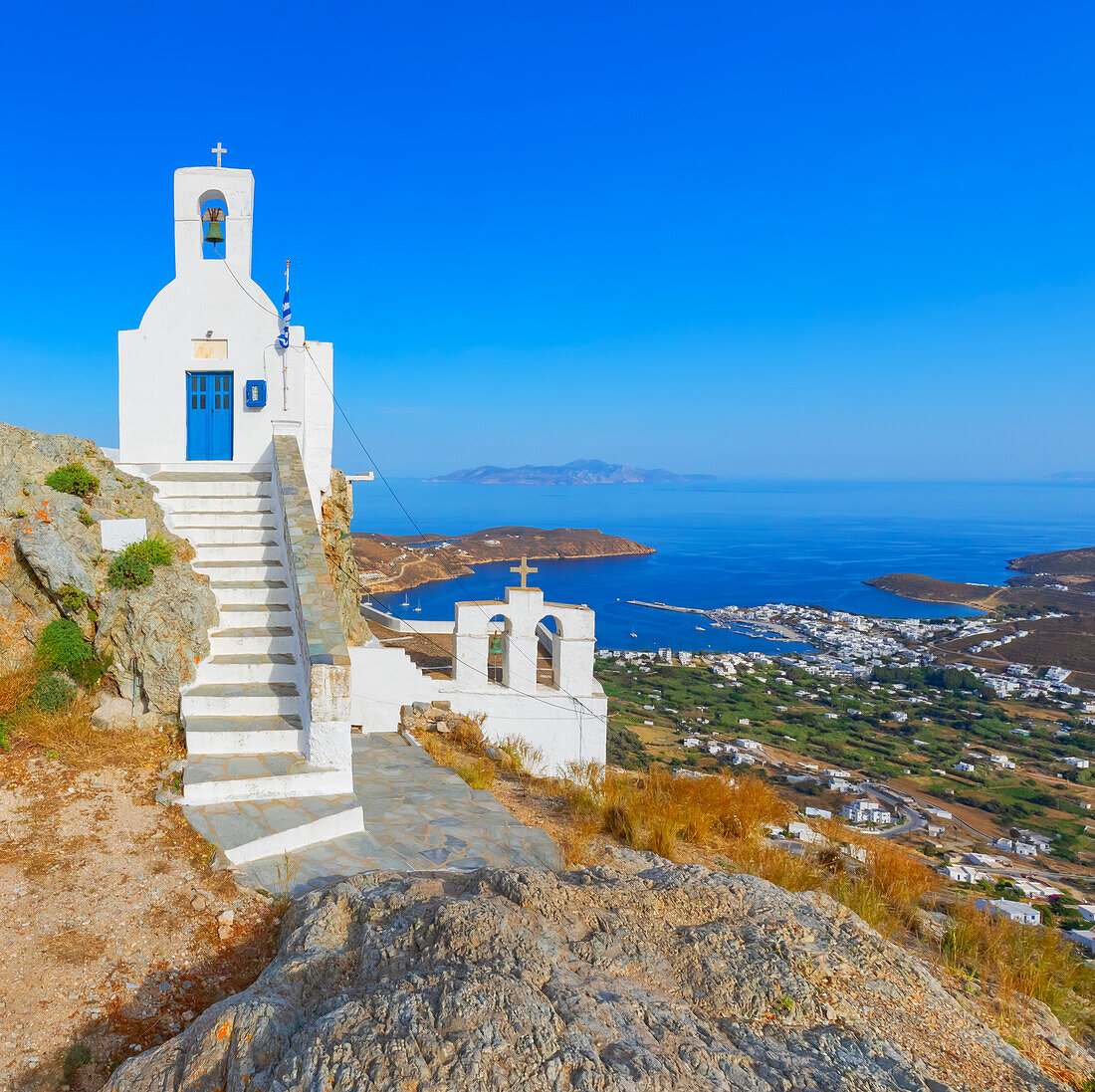 View of Agios Konstantinos church and Livadi bay in the distance, Chora, Serifos Island, Cyclades Islands, Greece