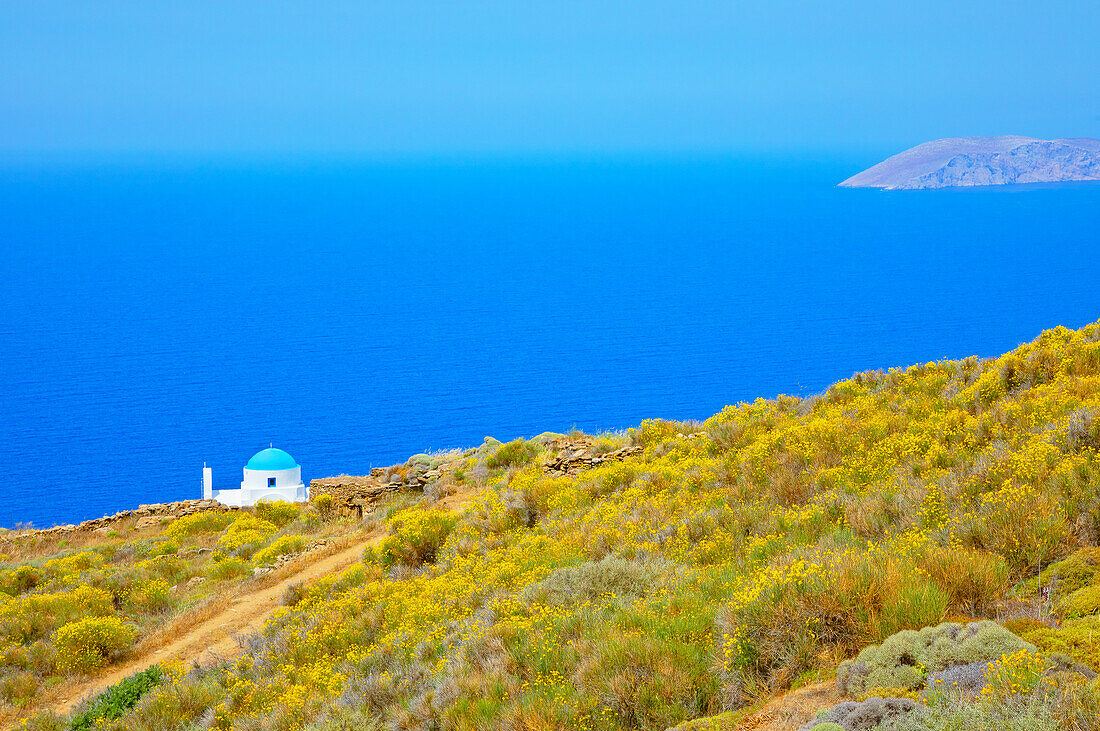 Panagia Skopiani church overlooking Platis Gialos bay, Serifos Island, Cyclades Islands, Greece