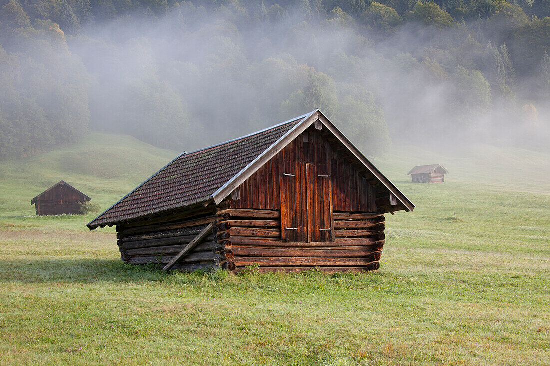  Haystacks at Geroldsee, Werdenfelsener Land, Upper Bavaria, Bavaria, Germany 