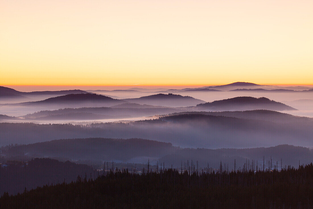  View from Lusen over the Bavarian Forest at sunrise, Bavarian Forest National Park, Bavaria, Germany 