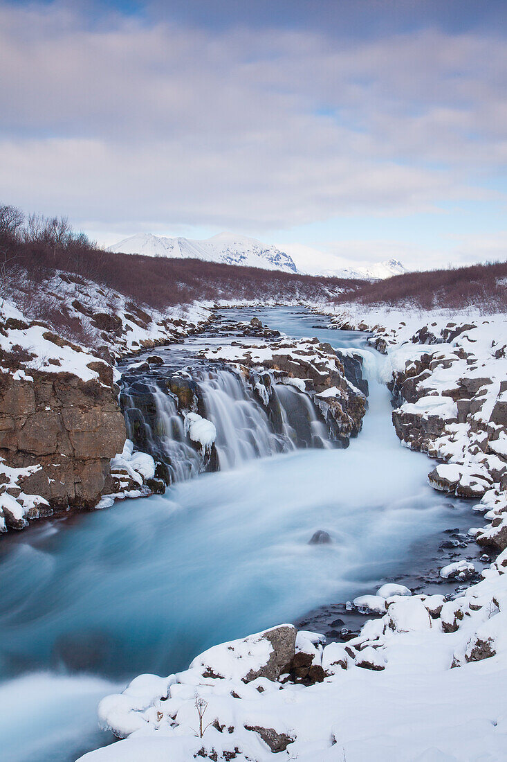  Hlauptungufoss waterfall, winter, Southland, Iceland 