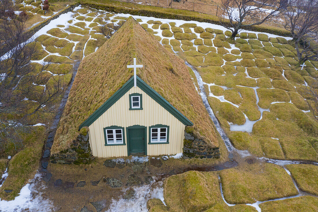  Hofskirkja, turf-covered church, farm in Oeraefi, Sudurland, Iceland 