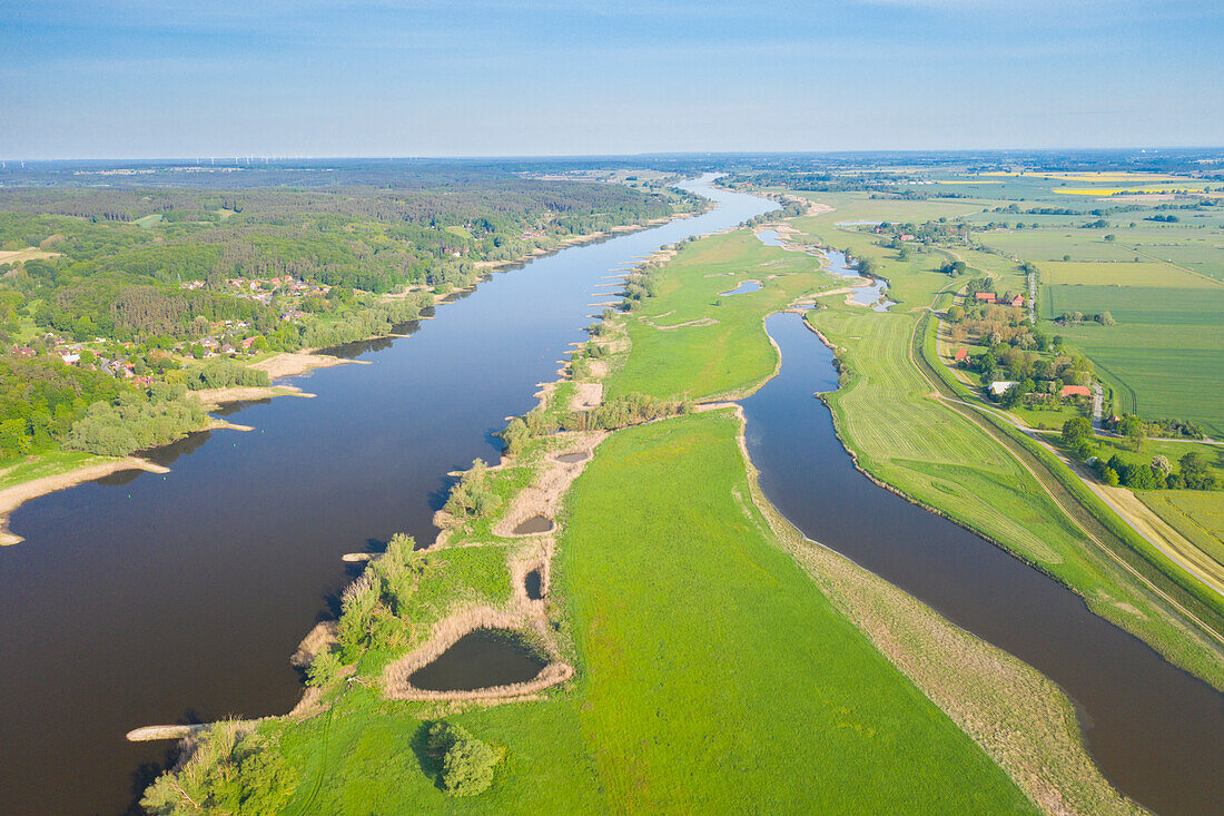  Aerial view of the Elbe, Elbe River Landscape Biosphere Reserve, Lower Saxony, Germany 