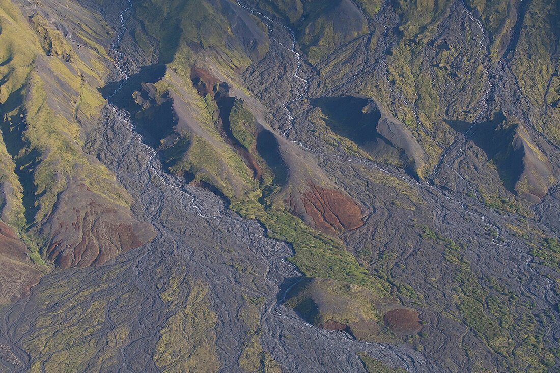  Thorsmoerk Mountains, aerial view, summer, Iceland 