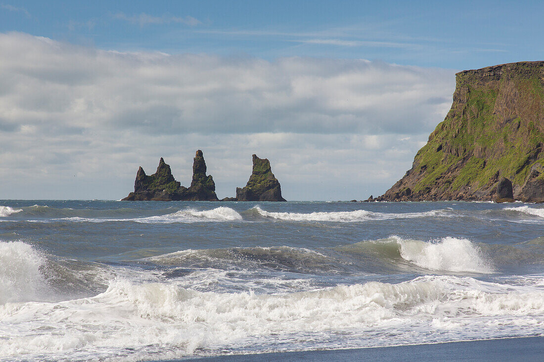  Basalt rock needles Reynisdrangar, Reynisfjara, summer, Iceland 