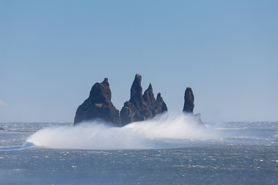  Basalt rock needles Reynisdrangar, Reynisfjara, winter, Iceland 