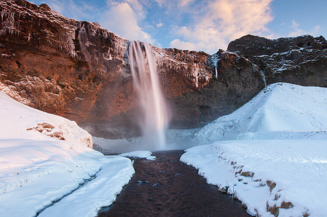  Seljalandsfoss, 66m high waterfall, winter, Iceland 