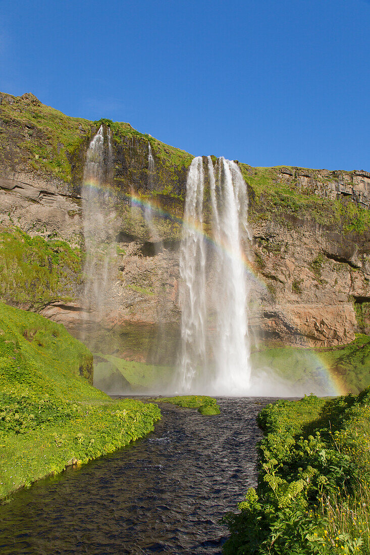  Seljalandsfoss, 66m high waterfall, summer, Iceland 