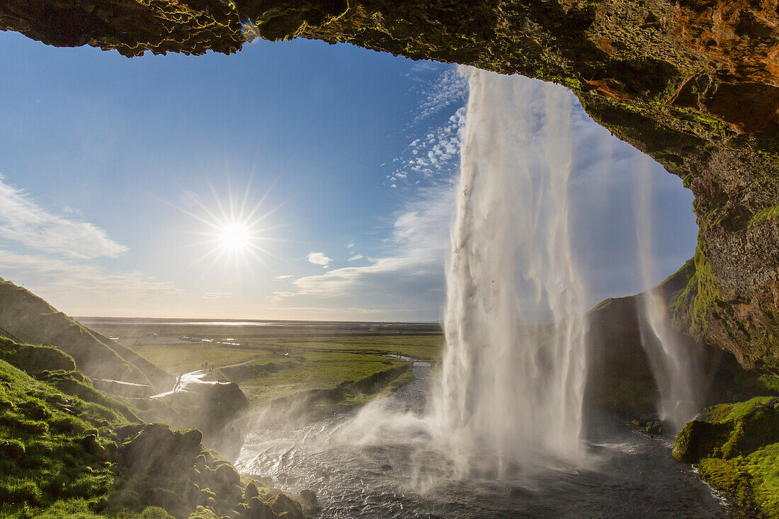  Seljalandsfoss, view from behind the waterfall, summer, Iceland 